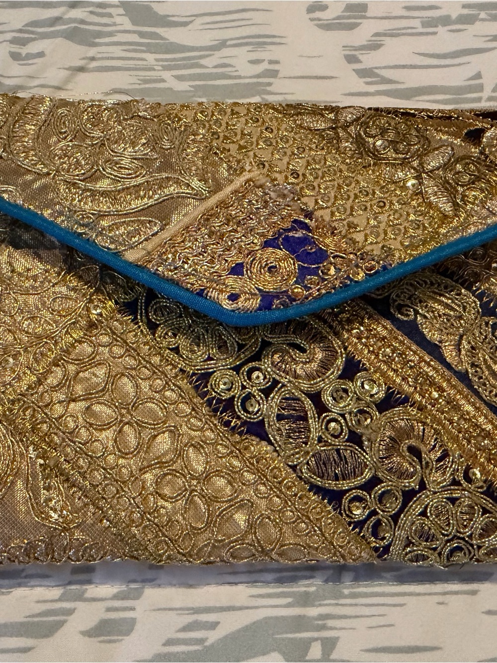 Gold Embroidered Clutch with Blue Trim